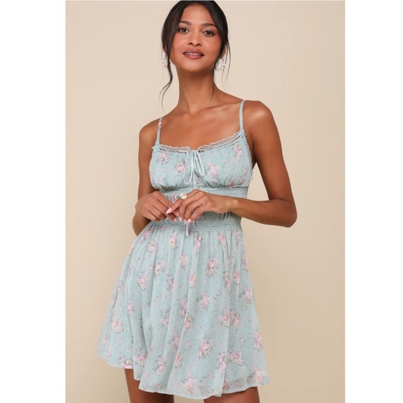 Lulus Dresses & Skirts - Lulus Flirty Dreamer Sage Floral Bustier Lace Ribbon Mini Dress Cottagecore NWT